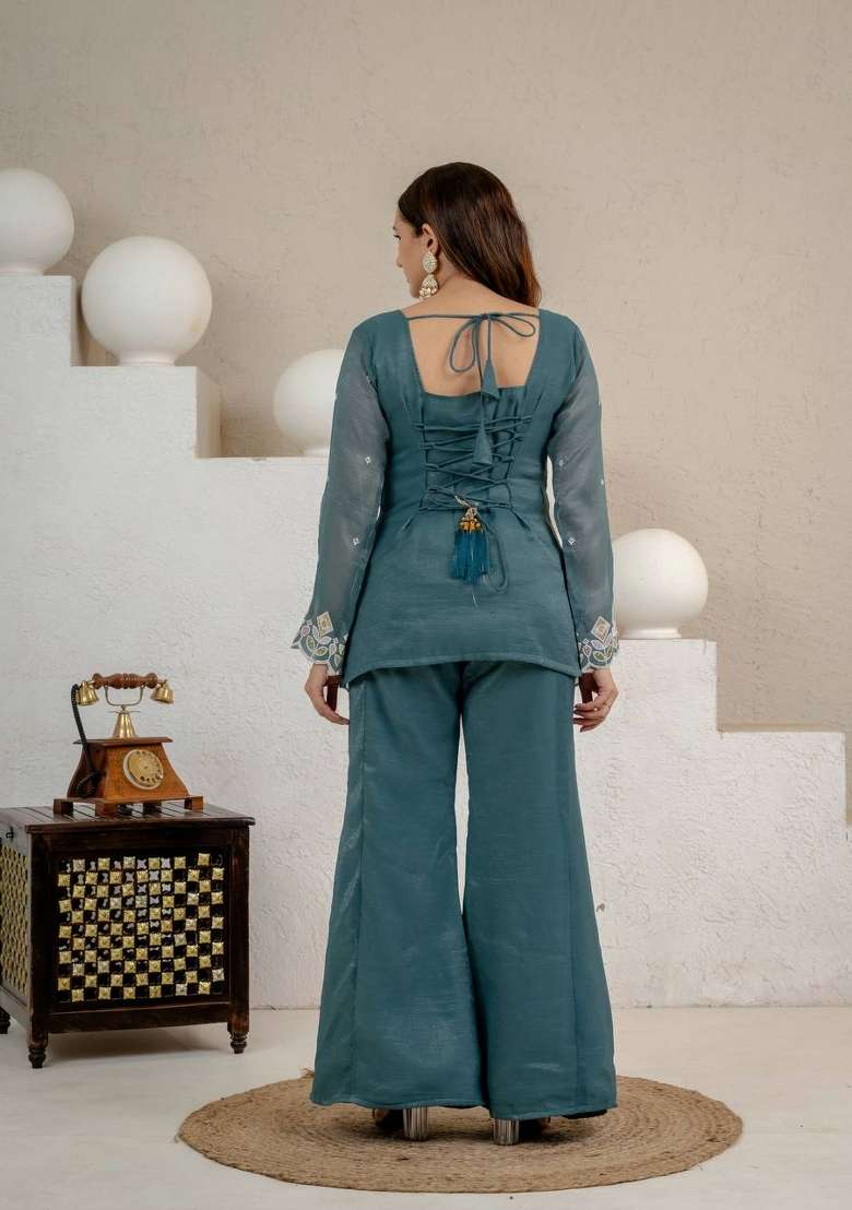 Teal Green Embroidery Silk Palazzo Set - Indya