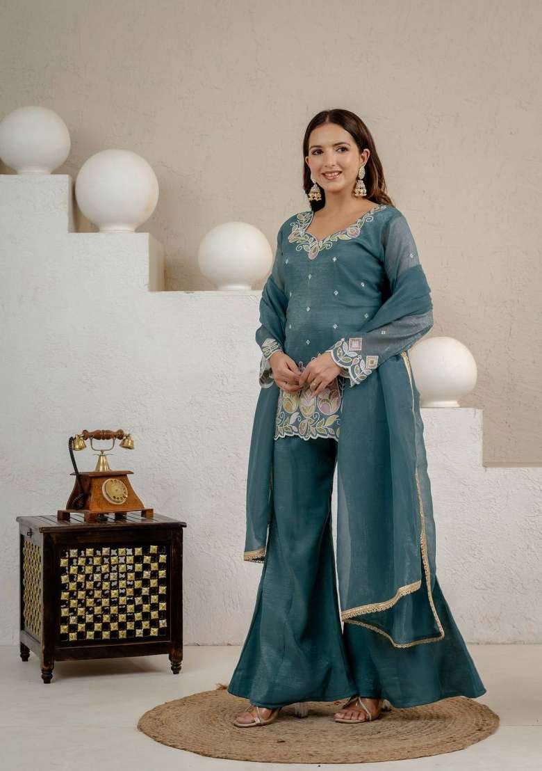 Teal Green Embroidery Silk Palazzo Set - Indya