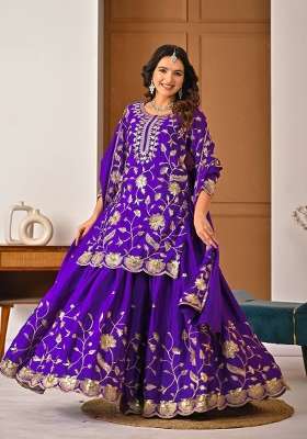 Royal Purple Embroidery Silk Kurta Set
