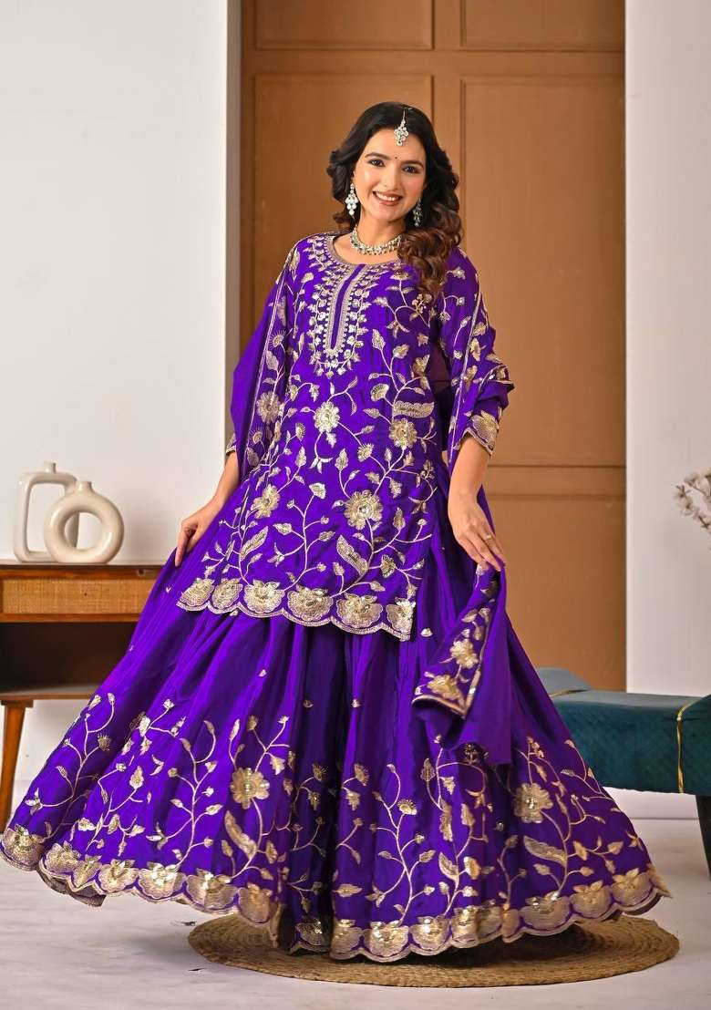 Royal Purple Embroidery Silk Kurta Set - Indya