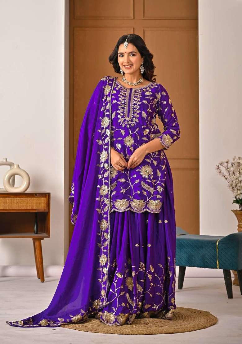 Royal Purple Embroidery Silk Kurta Set - Indya
