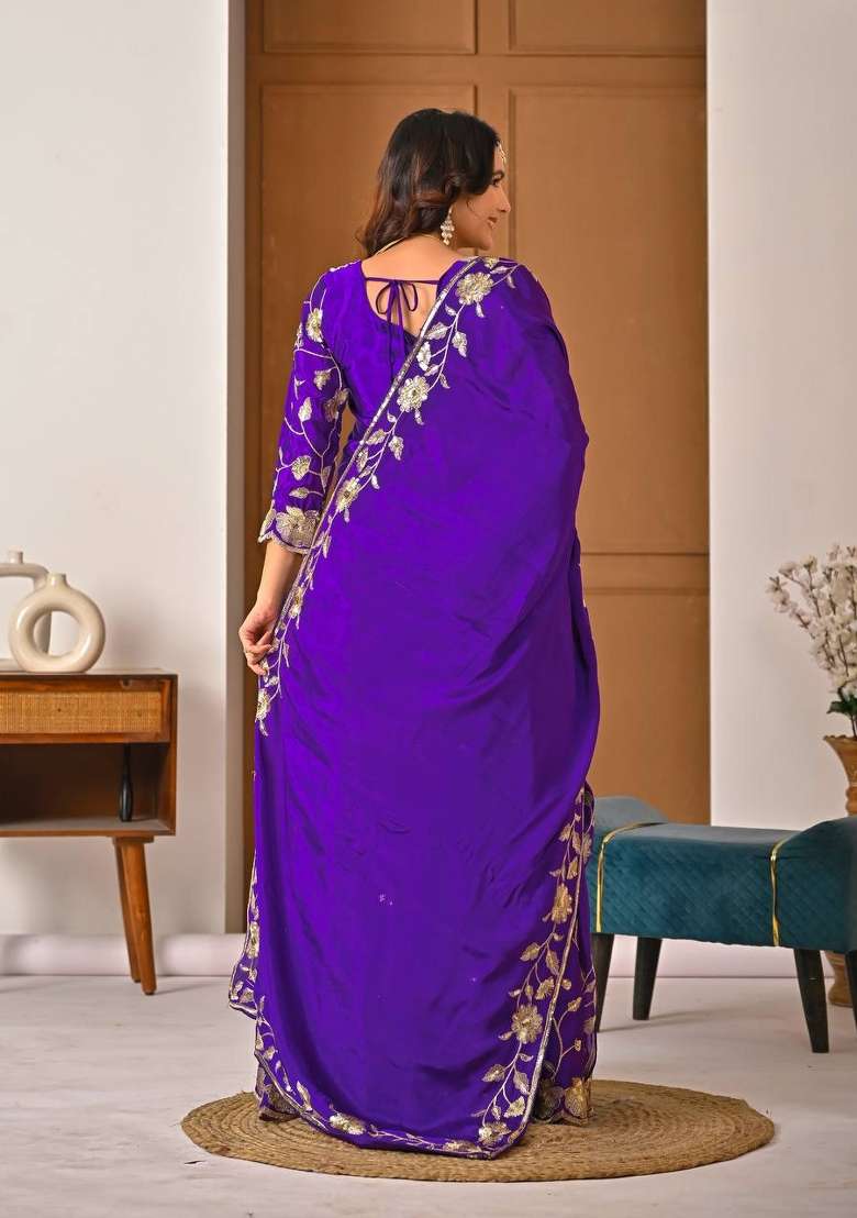 Royal Purple Embroidery Silk Kurta Set - Indya