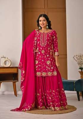 Rani Pink Embroidery Silk Kurta Set