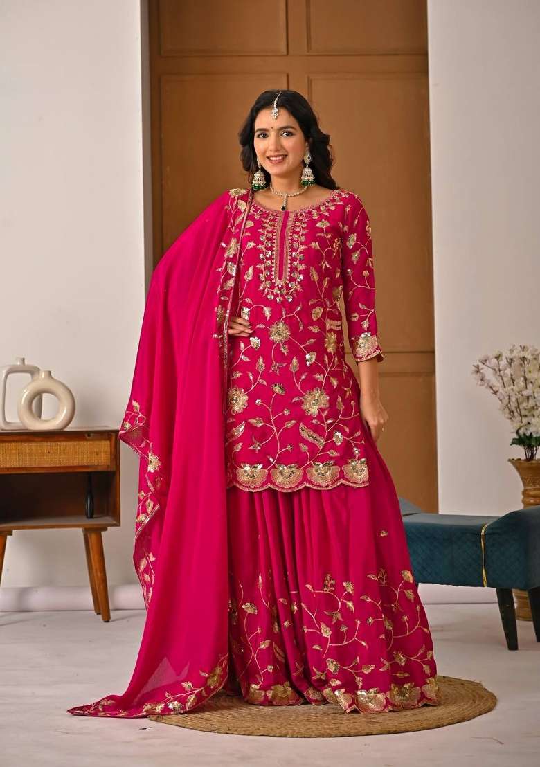 Rani Pink Embroidery Silk Kurta Set - Indya