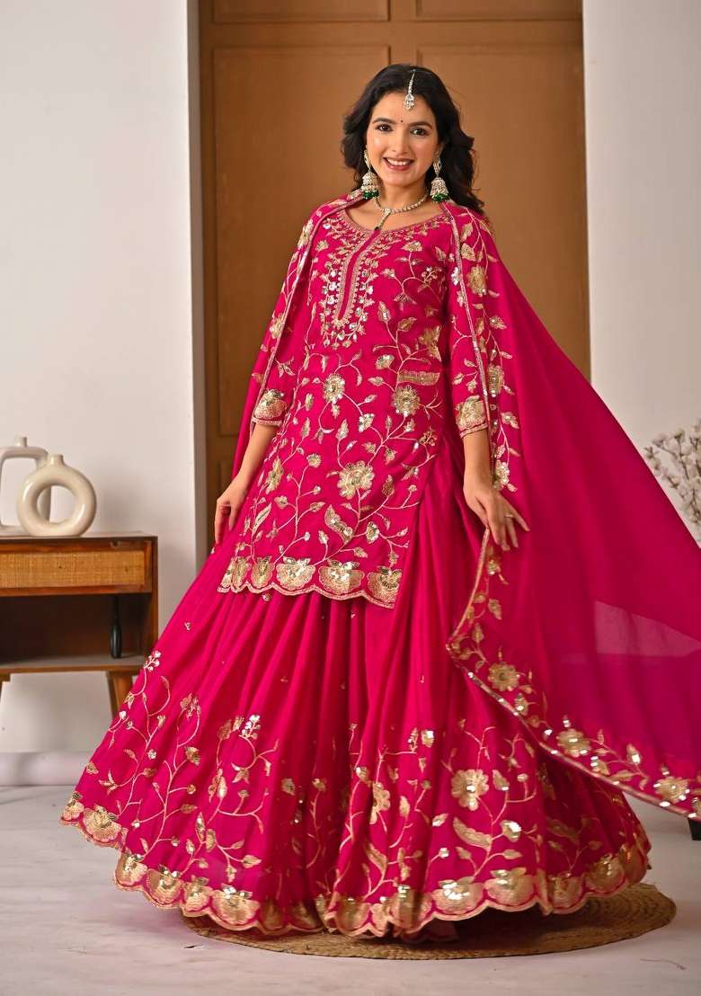 Rani Pink Embroidery Silk Kurta Set - Indya