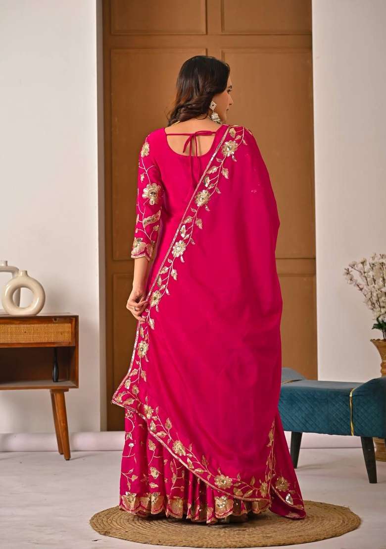 Rani Pink Embroidery Silk Kurta Set - Indya