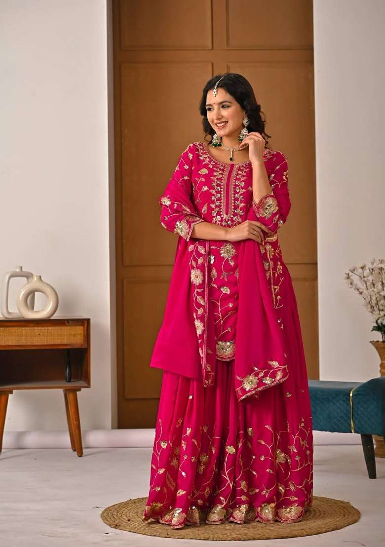 Rani Pink Embroidery Silk Kurta Set - Indya