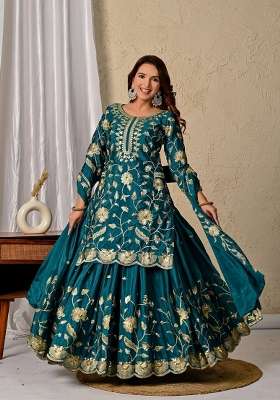Peacock Teal Green Embroidery Silk Kurta Set