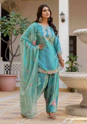 Sky Blue Embroidery Satin Kurta Set