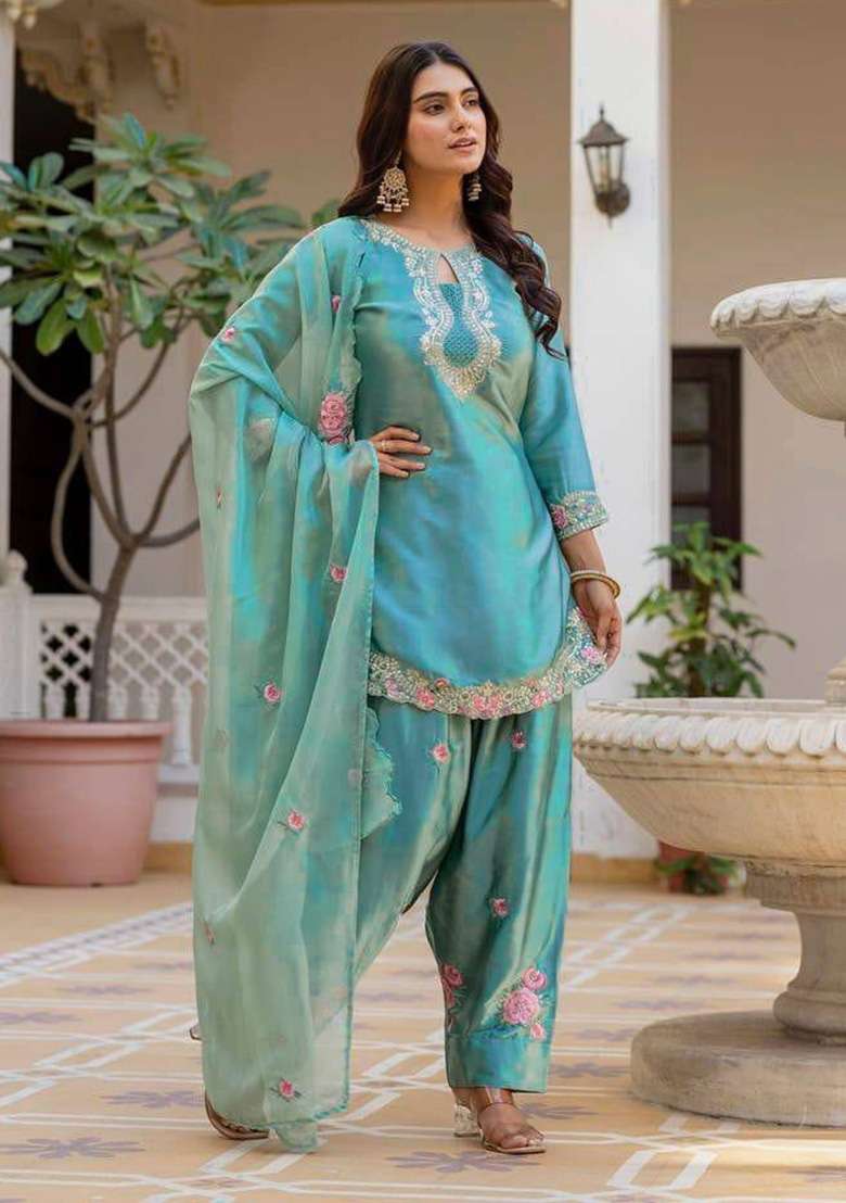 Sky Blue Embroidery Satin Kurta Set - Indya