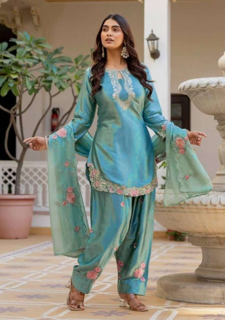 Sky Blue Embroidery Satin Kurta Set - Indya