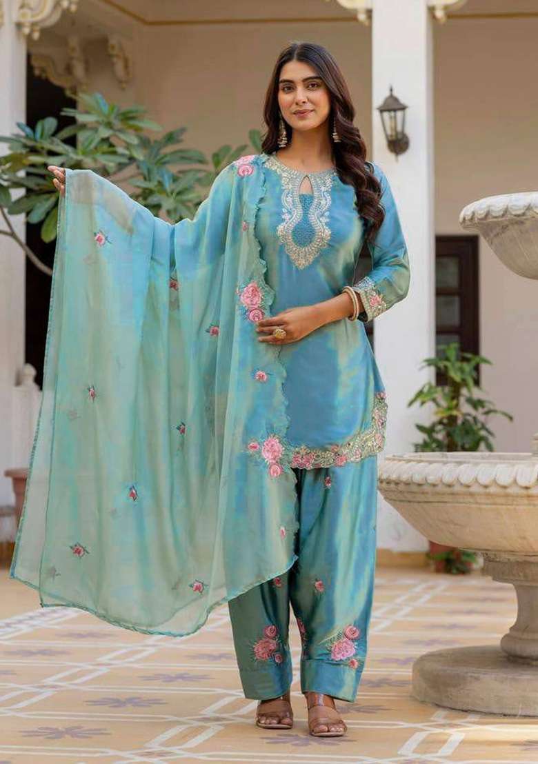Sky Blue Embroidery Satin Kurta Set - Indya