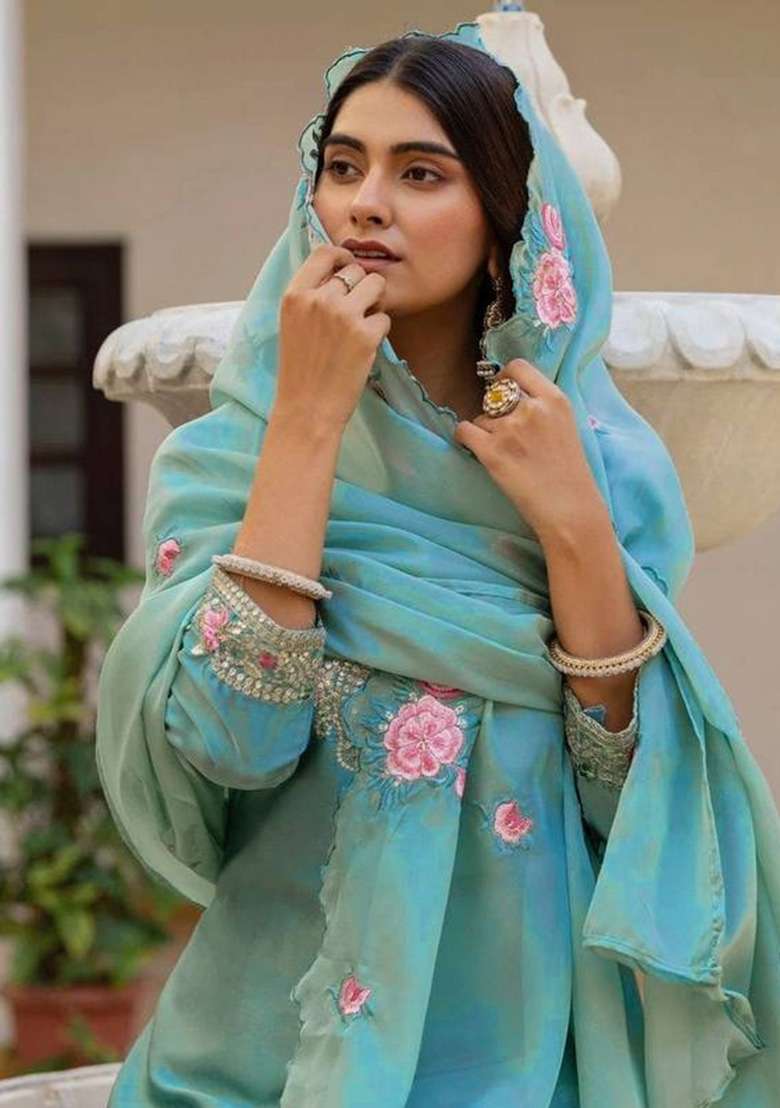 Sky Blue Embroidery Satin Kurta Set - Indya