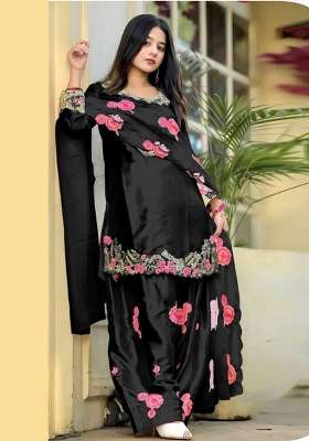 Jet Black Embroidery Satin Kurta Set