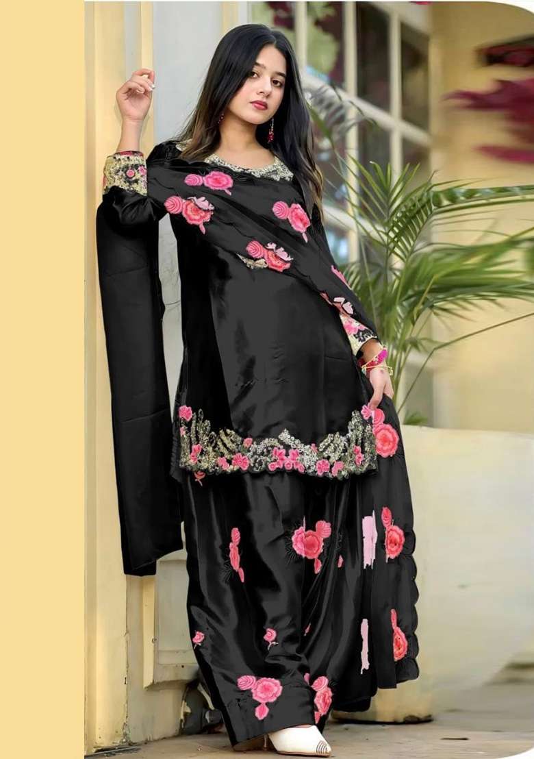 Jet Black Embroidery Satin Kurta Set - Indya