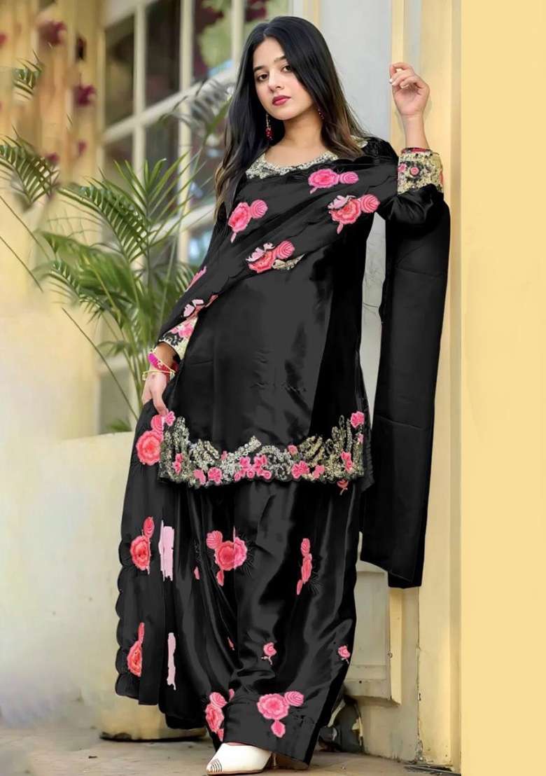 Jet Black Embroidery Satin Kurta Set - Indya