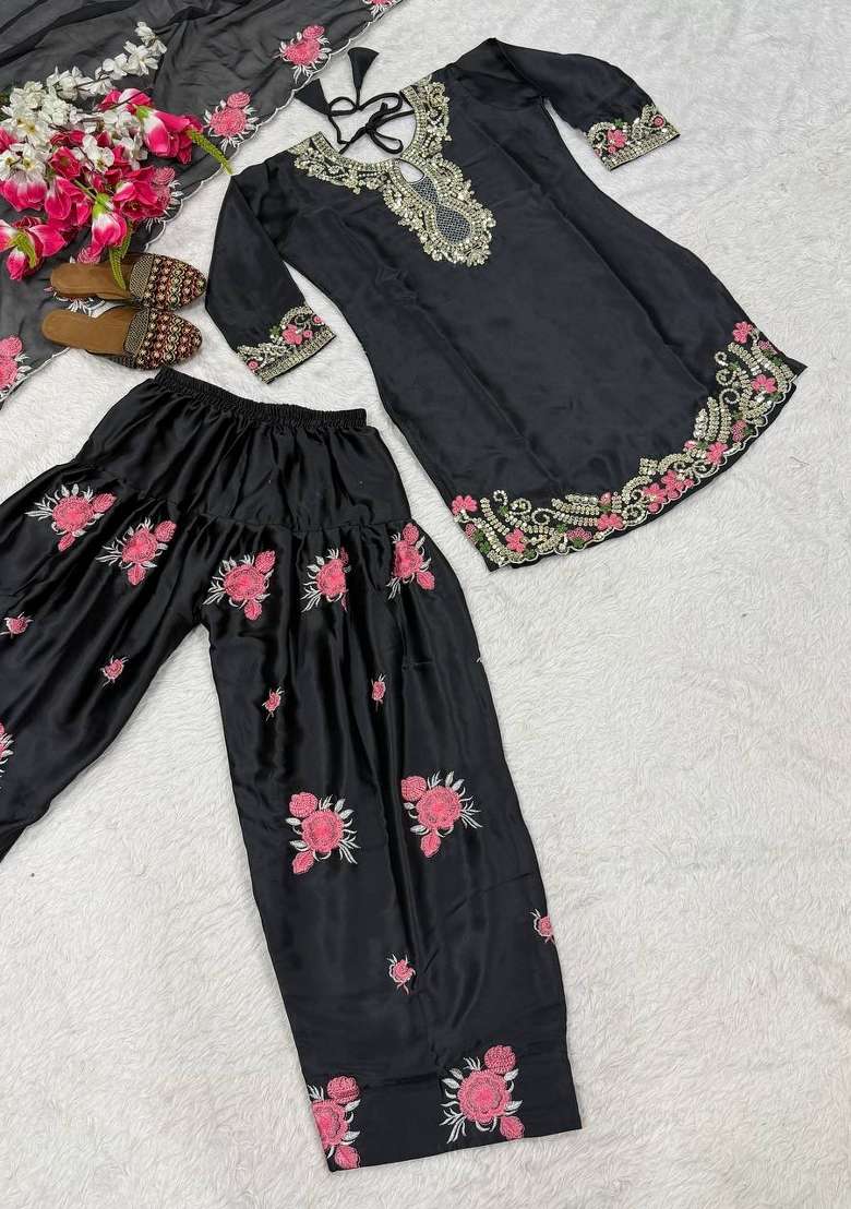 Jet Black Embroidery Satin Kurta Set - Indya