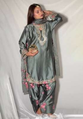 Grey Embroidery Satin Kurta Set