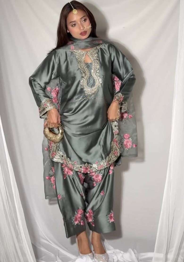 Grey Embroidery Satin Kurta Set - Indya