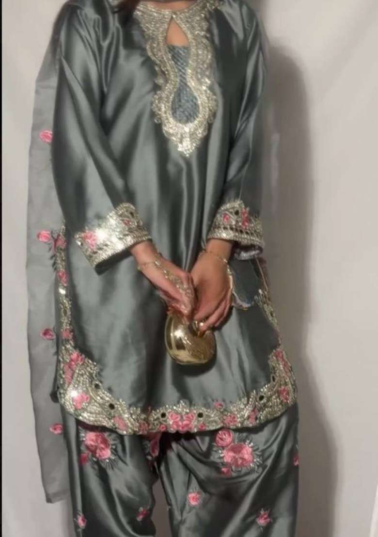 Grey Embroidery Satin Kurta Set - Indya