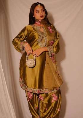 Mehendi Golden Embroidery Satin Kurta Set