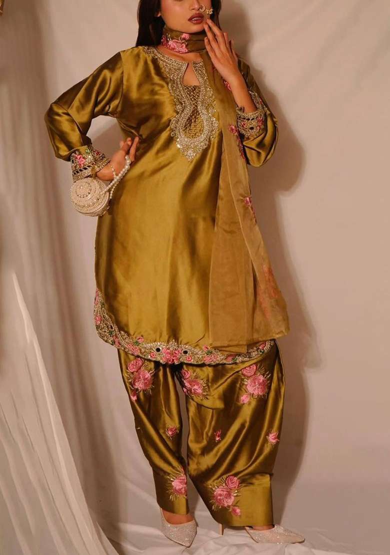 Mehendi Golden Embroidery Satin Kurta Set - Indya