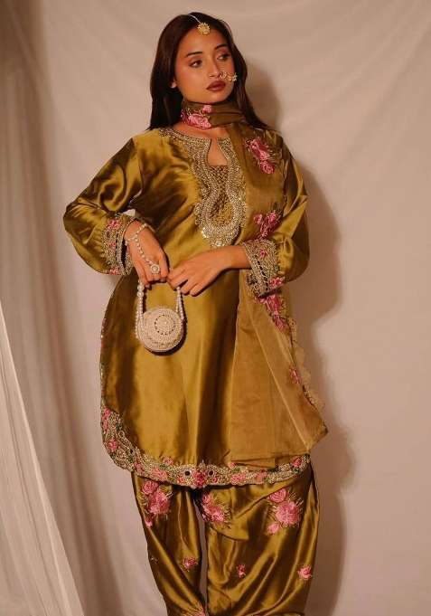 Mehendi Golden Embroidery Satin Kurta Set