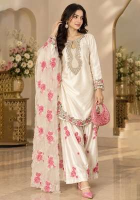 Off White Embroidery Satin Kurta Set