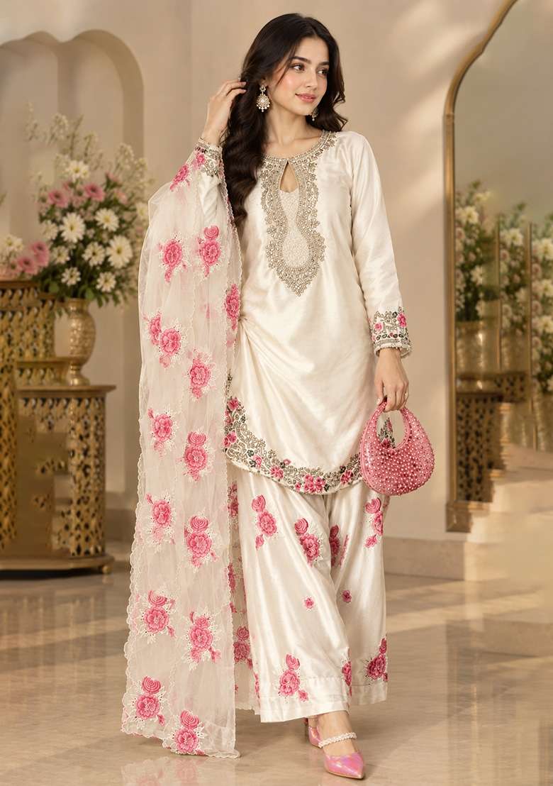 Off White Embroidery Satin Kurta Set - Indya
