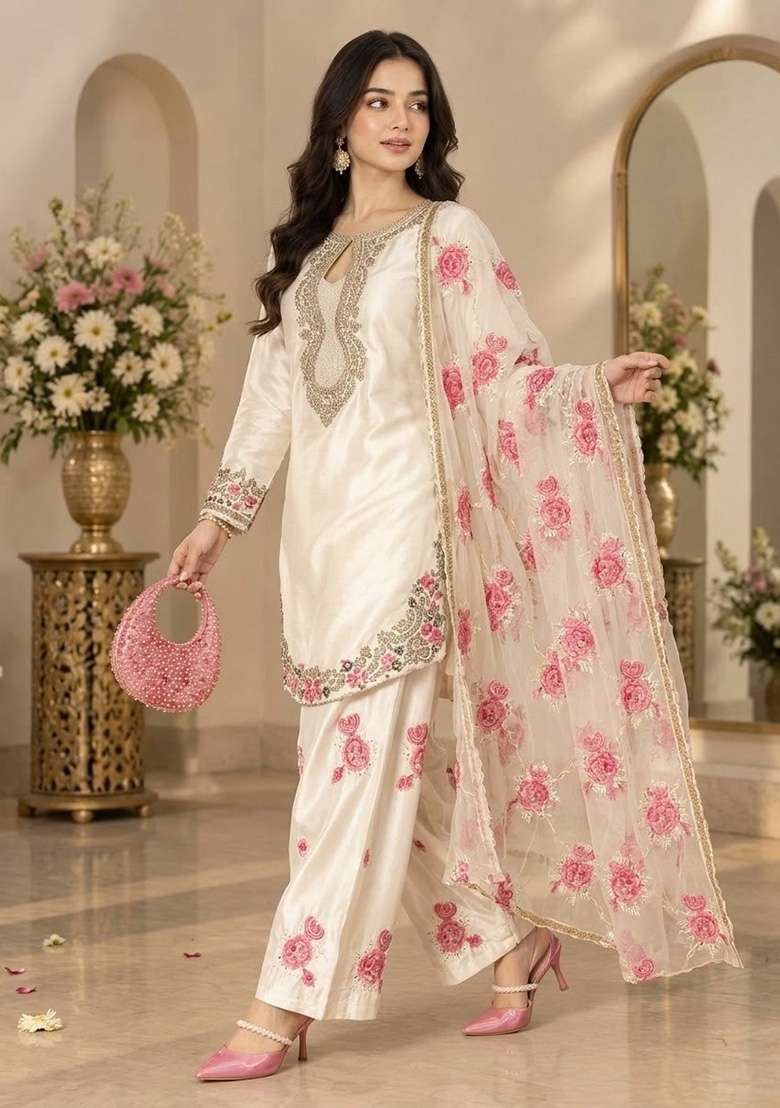 Off White Embroidery Satin Kurta Set - Indya