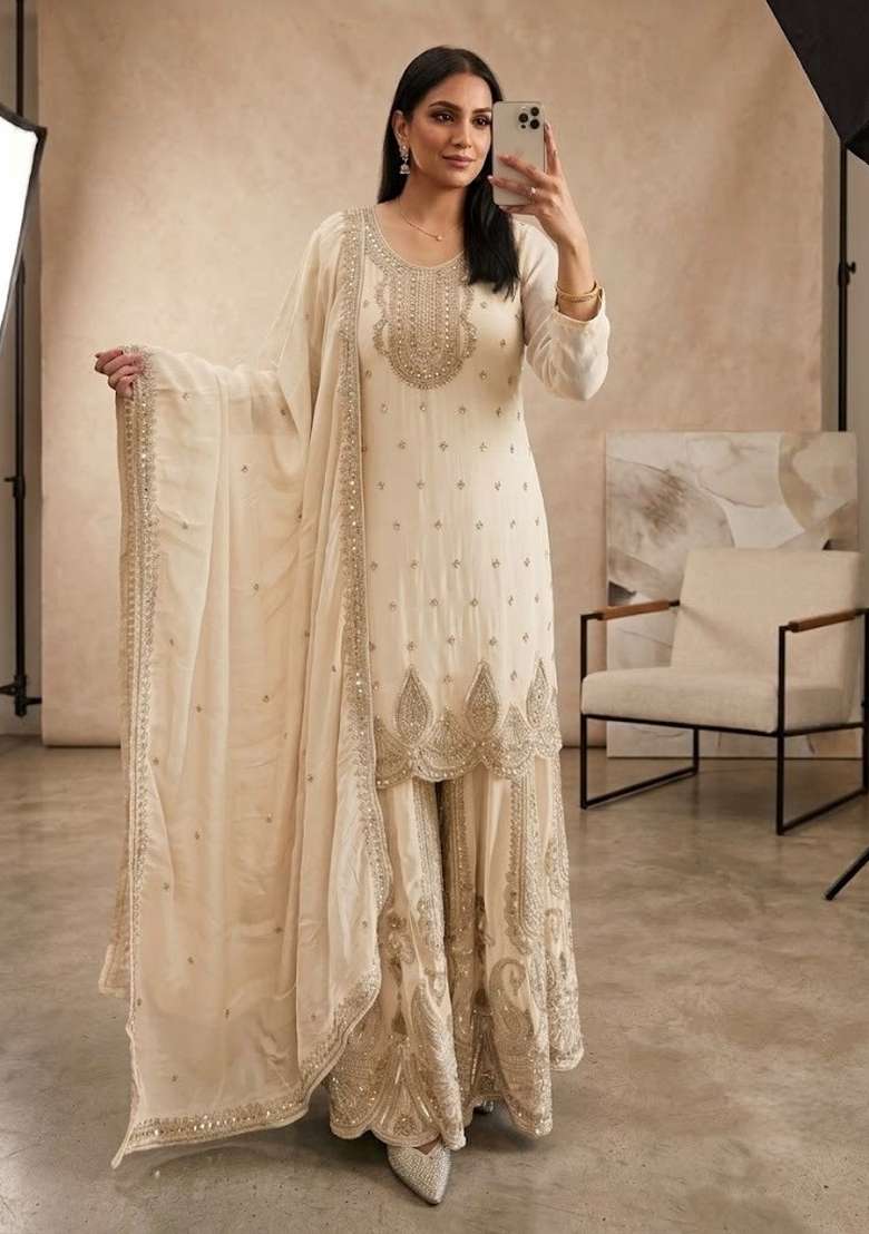 Cream Embroidery Georgette Sharara Set - Indya
