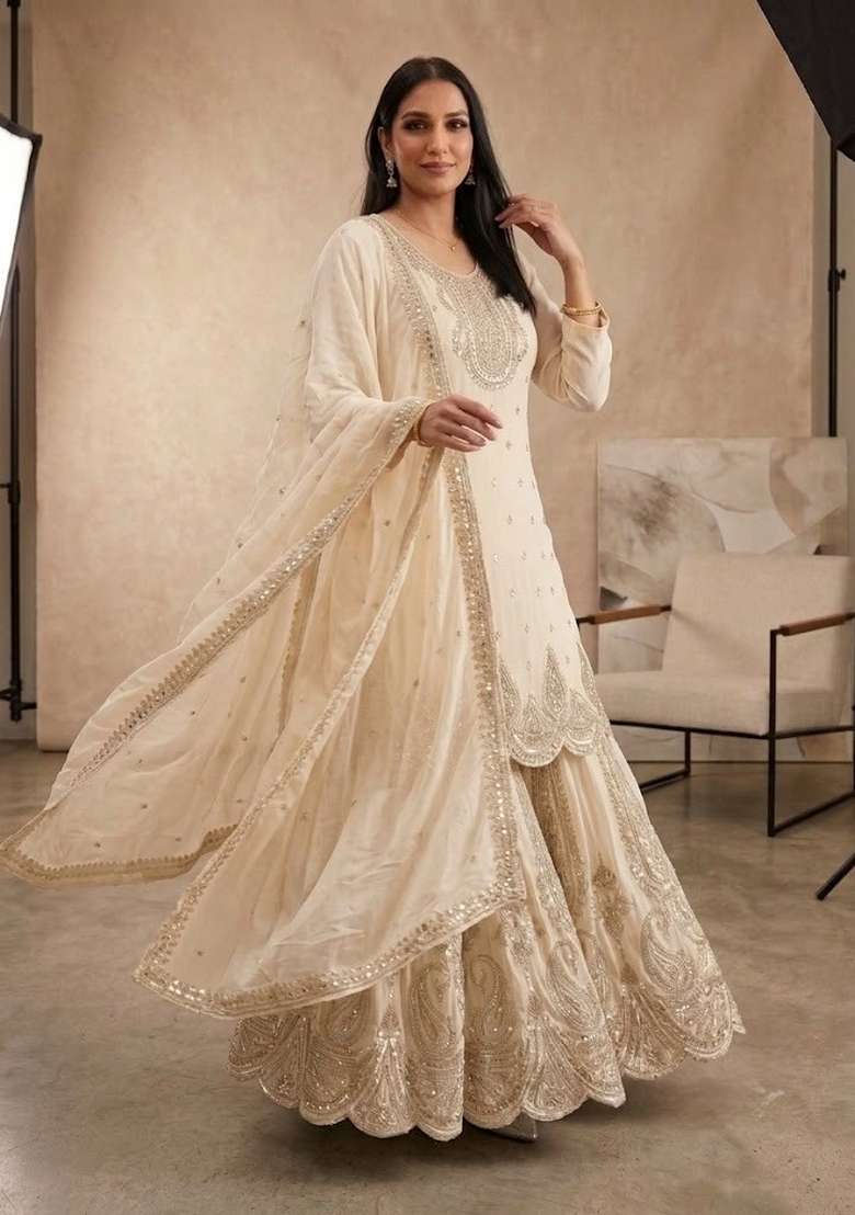 Cream Embroidery Georgette Sharara Set - Indya