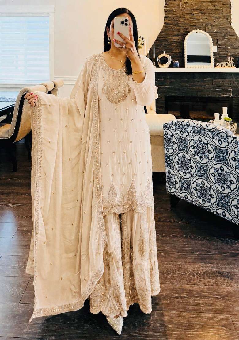 Cream Embroidery Georgette Sharara Set - Indya
