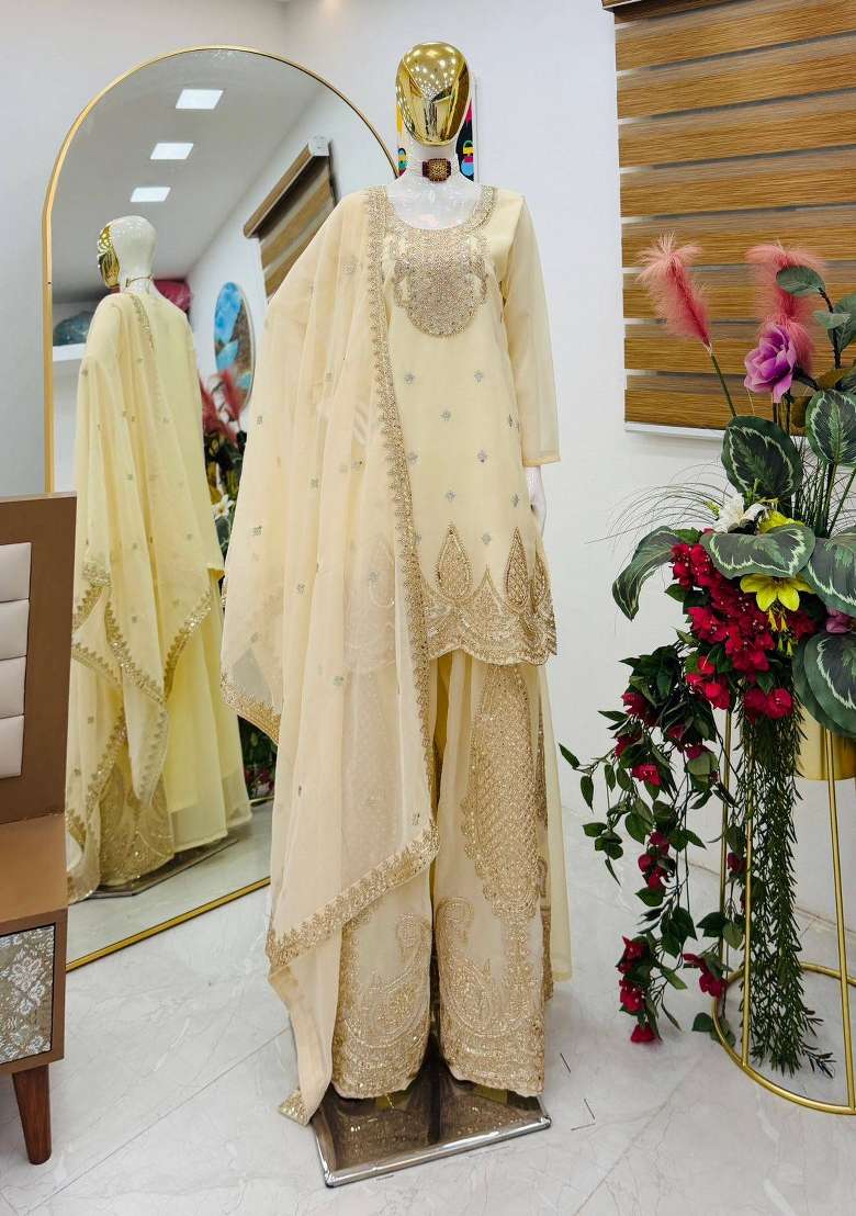 Cream Embroidery Georgette Sharara Set - Indya