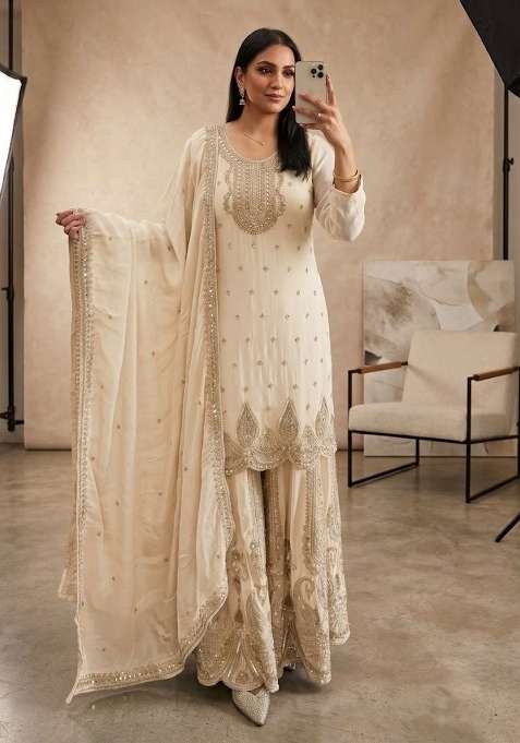 Cream Embroidery Georgette Sharara Set