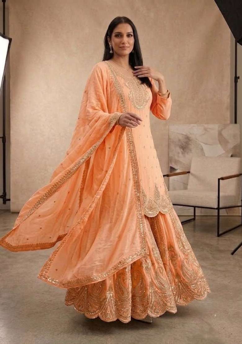 Pastel Peach Embroidery Georgette Sharara Set - Indya