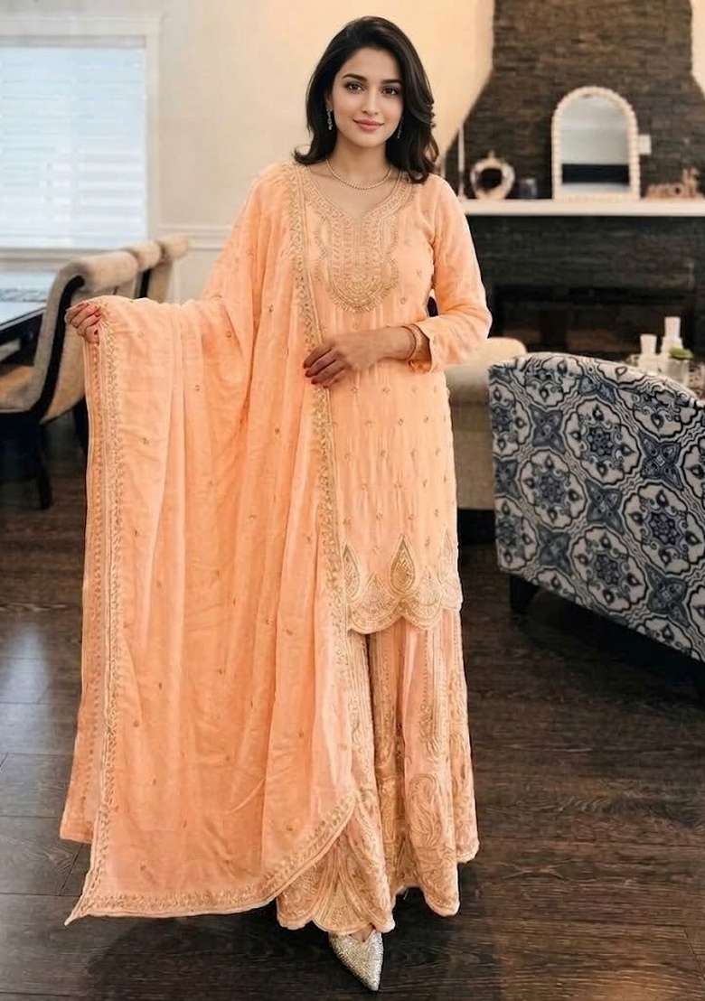 Pastel Peach Embroidery Georgette Sharara Set - Indya
