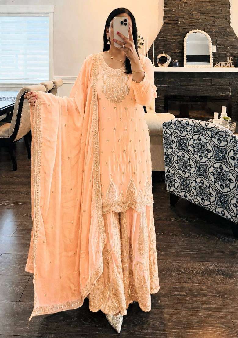 Pastel Peach Embroidery Georgette Sharara Set - Indya