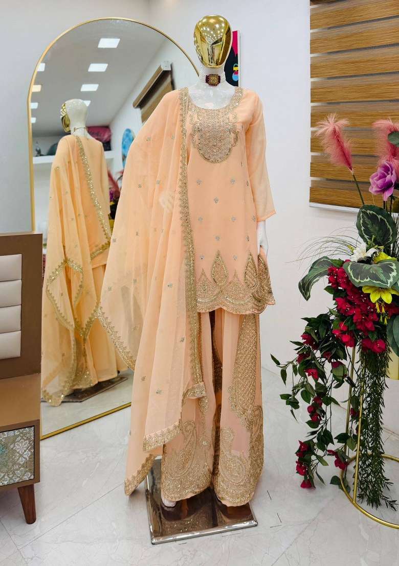 Pastel Peach Embroidery Georgette Sharara Set - Indya