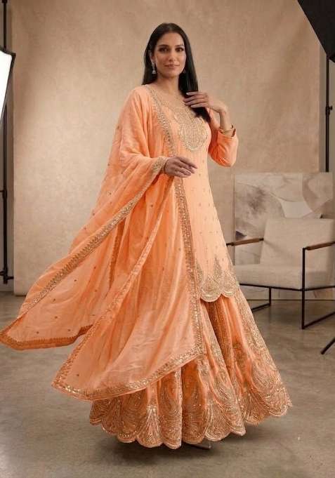 Pastel Peach Embroidery Georgette Sharara Set