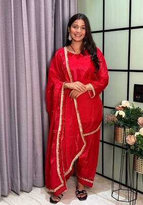 Red Mirror Work Silk Palazzo Set