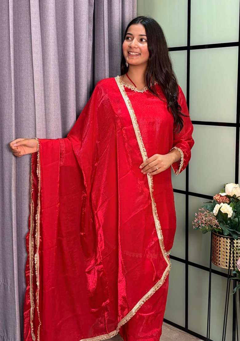 Red Mirror Work Silk Palazzo Set - Indya