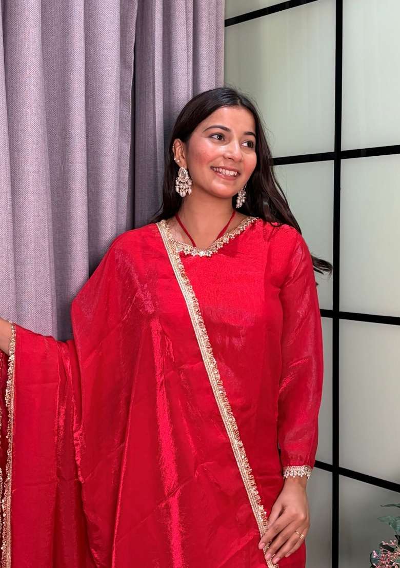 Red Mirror Work Silk Palazzo Set - Indya