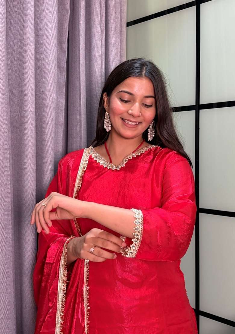 Red Mirror Work Silk Palazzo Set - Indya