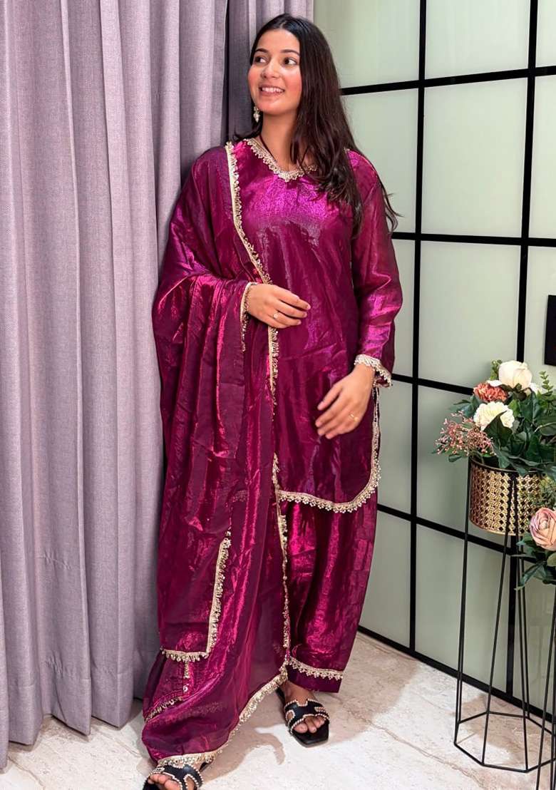Wine Mirror Work Silk Palazzo Set - Indya