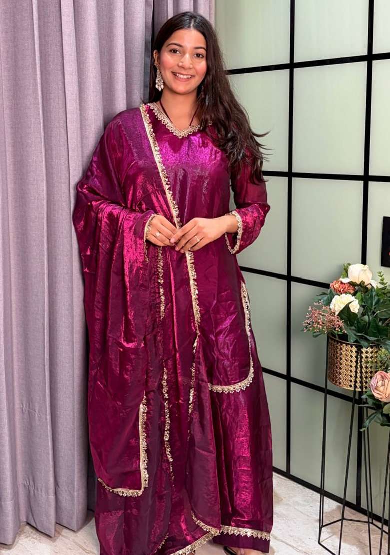 Wine Mirror Work Silk Palazzo Set - Indya