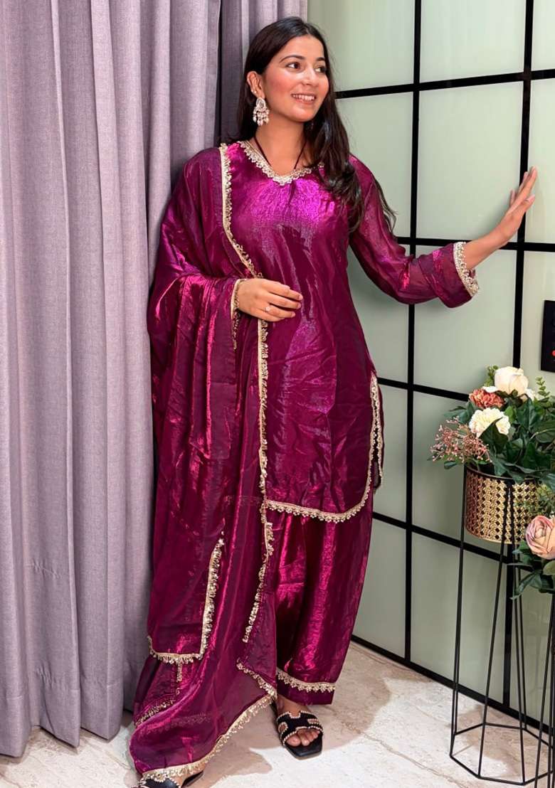 Wine Mirror Work Silk Palazzo Set - Indya