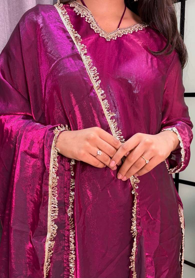 Wine Mirror Work Silk Palazzo Set - Indya