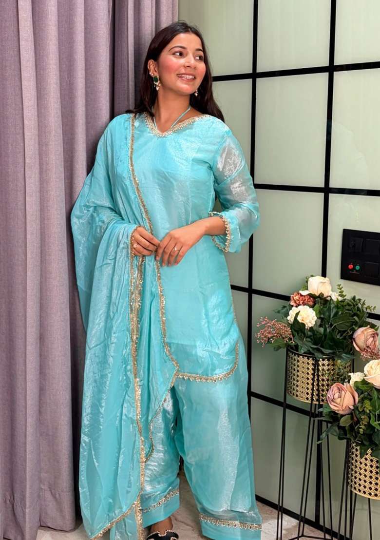 Sky Blue Mirror Work Silk Palazzo Set - Indya