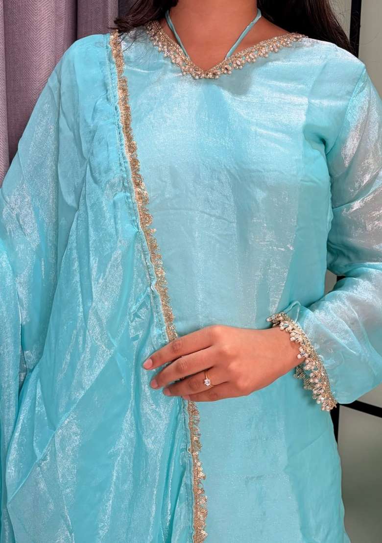 Sky Blue Mirror Work Silk Palazzo Set - Indya